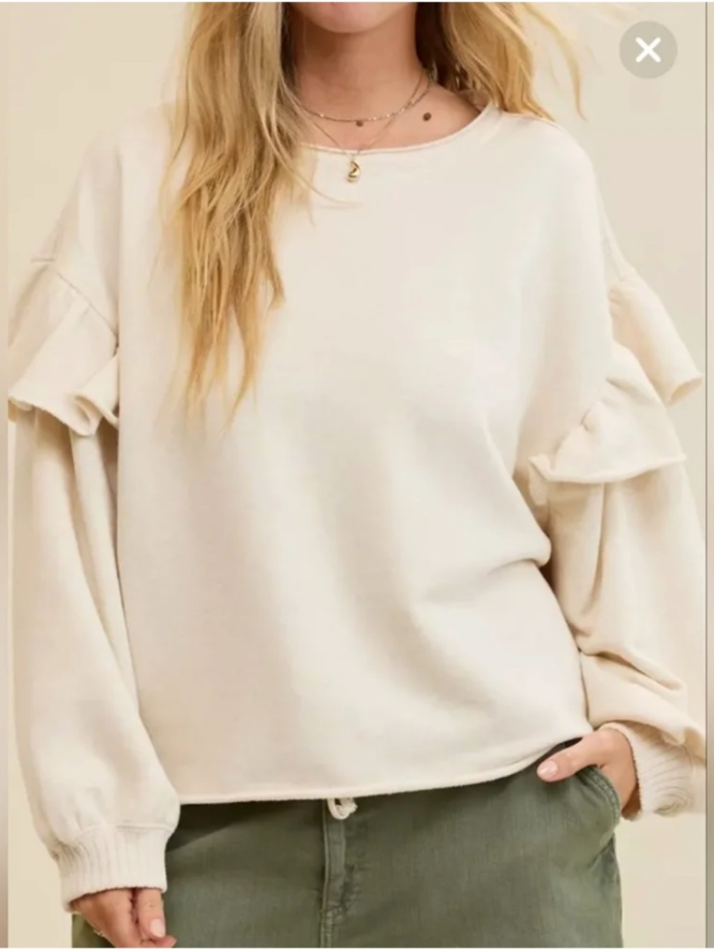 Aerie Cream Ruffle Sleeve Crewneck Sweatshirt Size XS dropped shoulder raw hem